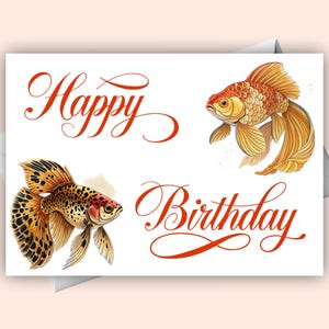 Cartão de aniversário digital com dois peixes dourados - Feliz aniversário | Saudação com tema de peixe para impressão