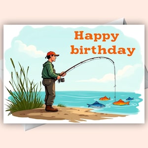 Tarjeta digital de feliz cumpleaños para pescador en la orilla / Saludo de cumpleaños de pesca para él