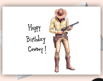 Cartão digital de feliz aniversário de cowboy – Saudação divertida de aniversário ocidental para imprimir para crianças e adultos