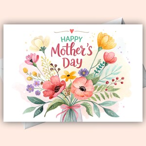 Cartão de flores silvestres de feliz dia das mães – Saudação digital em aquarela para a mãe, download instantâneo