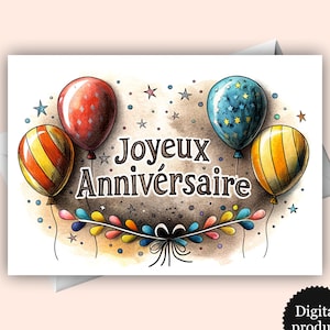 Carte de joyeux anniversaire  - Digital Birthday Balloon Card – Printable Colorful Greeting | Instant Download