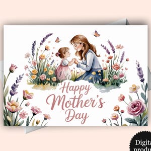 Happy Mother's Day Card – Mom and Child in Wildflowers – Digital Download for Mom Gift