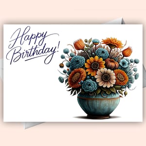 Cartão digital de feliz aniversário com grande vaso de flores – Cartão de felicitações floral para impressão
