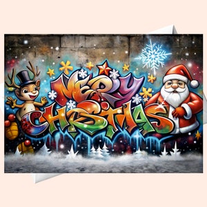 Tarjeta de felicitación digital con grafiti "Feliz Navidad" / Diseño imprimible con grafiti navideño