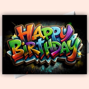 Cartão de Feliz Aniversário com Letras de Grafite - Download digital ousado para celebrações únicas!