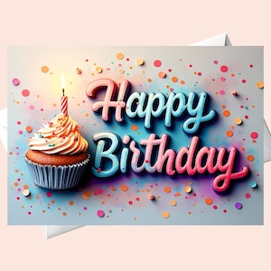 Cartão de Feliz Aniversário Colorido – Design Divertido de Cupcake e Vela para Comemoração de Aniversário