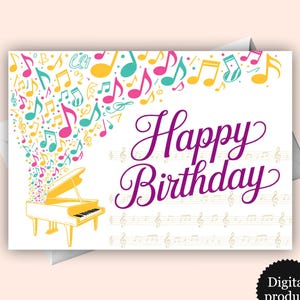 Watercolor Piano Birthday Card - Digital Greeting with Musical Notes, Instant Download