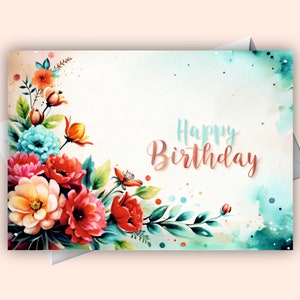 Cartão digital de feliz aniversário com flores coloridas, cartão de felicitações de aniversário com flores brilhantes