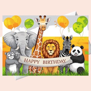 Cartão de feliz aniversário Panda, girafa, leão, elefante, zebra e macaco parabenizam/ Download digital / Cartão de aniversário com animais.