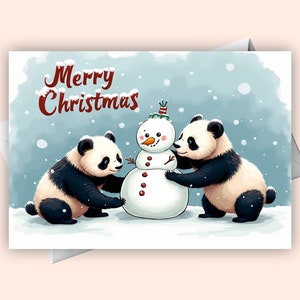 Twee panda's bouwen sneeuwpop Digitale Merry Christmas-wenskaart voor de feestdagen