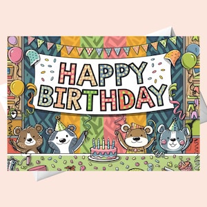 Happy Birthday Card Animals celebrate birthday/ Digital Download /Birthday card with  animals /Printable Happy Birthday Card/ Printable Card