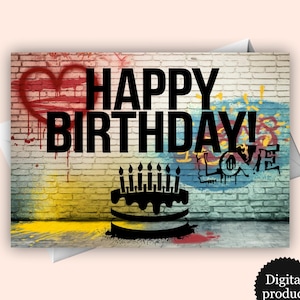 Cartão de Feliz Aniversário com Grafite – Download Digital | Cartão de Saudações para Imprimir em Estilo Urbano