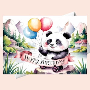 Happy Birthday Card - Panda met ballonnen/digitale download/ballonnen en pandaVerjaardagskaart/afdrukbare Happy Birthday