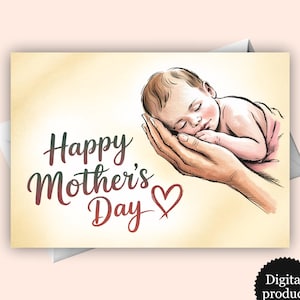 Biglietto di auguri per la festa della mamma / Bambino che dorme tra le mani della mamma / Download di auguri digitali