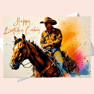Happy Birthday Cowboy - wenskaart/Gelukkige verjaardagskaart - Cowboy te paard/Afdrukbare Cowboy-verjaardagskaart/Afdrukbare Cowboy-verjaardagskaart.
