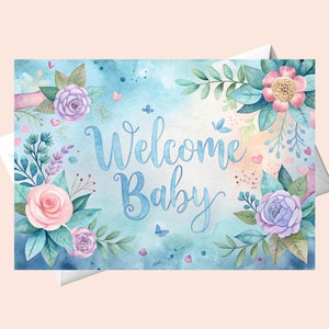 Cartão de boas-vindas para bebê Flores em aquarela/ Cartão de chá de bebê/ Cartão de aniversário para bebê/ Cartão de boas-vindas
