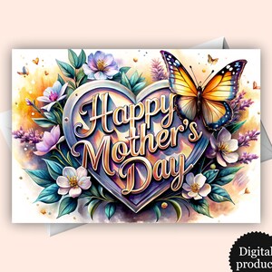 Carte numérique pour la Fête des Mères – Fleurs et papillons | Carte de voeux imprimable pour maman