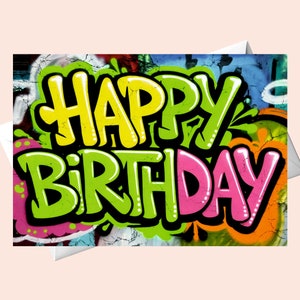 Cartão de Feliz Aniversário - Estilo Graffiti neon/Cartão Graffiti/Cartão de Aniversário Digital/Cartão de Felicitações Graffiti para Imprimir.