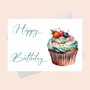 Cartão de feliz aniversário/Download digital/Cartão de aniversário de cupcake colorido para impressão/Cartão de feliz aniversário para impressão/Cartão para impressão
