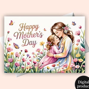 Muttertagskarte | Mutter und Tochter auf Wiese | Digitale Blumen Grußkarte