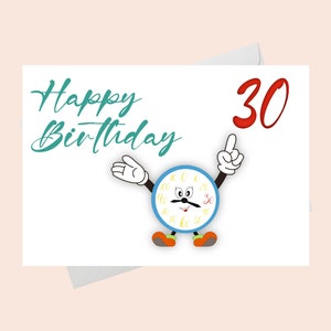 Cartão digital de feliz aniversário de 30 anos com design de relógio mostrando a idade – Cartão de felicitações exclusivo
