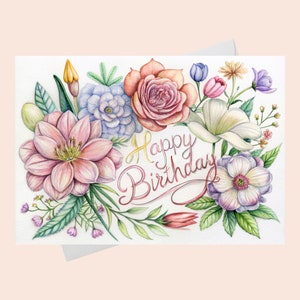 Cartão de Feliz Aniversário - Saudações Florais/Cartão Floral/Cartão de Aniversário para Imprimir/Cartão de Aniversário para Imprimir com Flores/Cartão de Aniversário para Imprimir