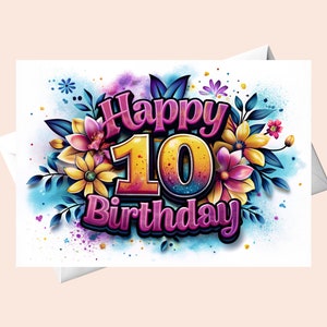 10歳の誕生日カード - カラフルな挨拶 / オリジナルの誕生日カード / デジタル誕生日カード / 印刷可能なハッピーバースデーカード