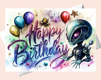 Tarjeta de cumpleaños de extraterrestre: Globos de colores y flores (descarga digital)