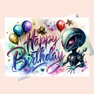 Cartão de feliz aniversário - Alien com flores / Download digital / Cartão de aniversário para impressão / Cartão de feliz aniversário para impressão.