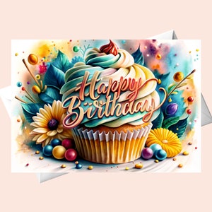 Festive Birthday Cupcake Happy Birthday Card/Digital Download/Colorful Cupcake Birthday Card Printable/Happy Birthday Card Printable.