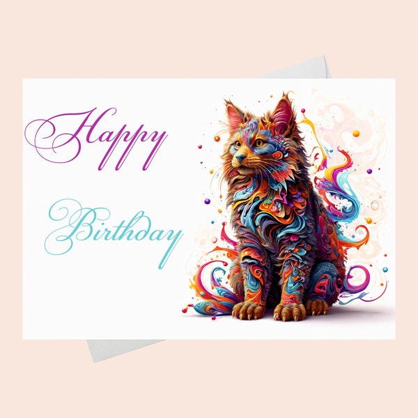 Happy Birthday Card - Beautiful Festive Cat/ Printable Birthday Card with Bright Colors and Cat/ Printable Happy Birthday Card.