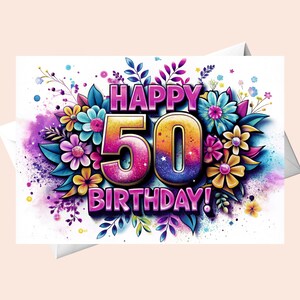 Tarjeta de cumpleaños número 50 - saludo colorido / Tarjeta de cumpleaños original / Tarjeta de cumpleaños digital / Tarjeta de feliz cumpleaños imprimible