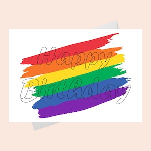 Tarjeta imprimible de cumpleaños del orgullo LGBTQ con saludo digital arcoíris: regalo para gays, lesbianas, no binarios y queer.