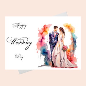 Elegant Happy Wedding Day Card/Watercolor Drawing of Bride and Groom/Printable Newlyweds Wedding Card/Printable Wedding Card