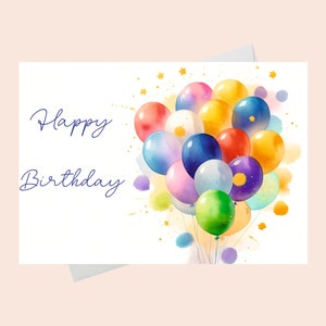 Cartão de feliz aniversário com balões/ Cartão de aniversário para imprimir com balões coloridos/ Cartão de feliz aniversário para imprimir.