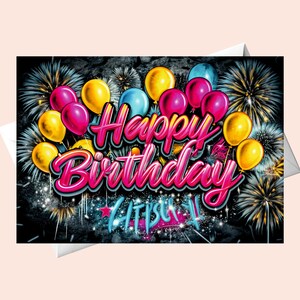 Biglietto di auguri di buon compleanno con palloncini con fuochi d'artificio/Download DIGITALE/Biglietto di compleanno con bellissimi palloncini stampabili/Biglietto di compleanno stampabile