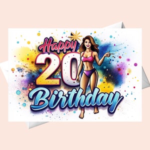 Feliz cumpleaños número 20 - niña en traje de baño felicita / Tarjeta de cumpleaños original / Tarjeta de cumpleaños digital / Tarjeta de feliz cumpleaños imprimible
