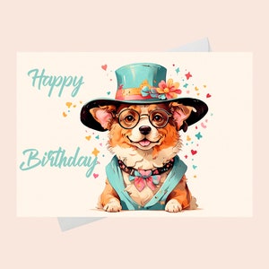 Tarjeta de feliz cumpleaños: perro gracioso con sombrero/Descarga digital/Tarjeta de feliz cumpleaños con un perro gracioso con sombrero para imprimir