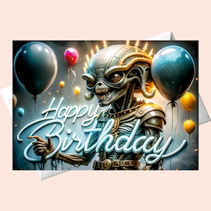 Alien con globos de agua- Tarjeta de feliz cumpleaños/Descarga digital/Tarjeta de cumpleaños imprimible/Tarjeta de feliz cumpleaños imprimible.