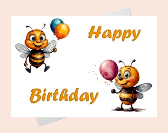 Carte d'anniversaire pour enfants avec des abeilles amusantes / Carte d'anniversaire avec des ballons colorés et des abeilles à imprimer / Carte de joyeux anniversaire à imprimer.