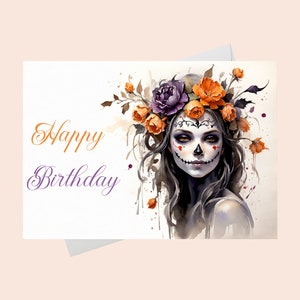 Cartão de Feliz Aniversário - Garota Vampira/Cartão de Aniversário para Imprimir com Flores Brilhantes e Garota Vampira/Cartão de Feliz Aniversário para Imprimir.