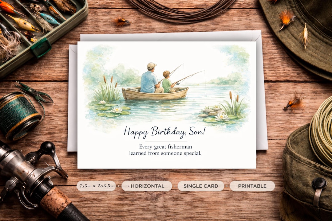 Fishing Birthday Card for Son Printable | Dad Son Boat Watercolor Gift ...