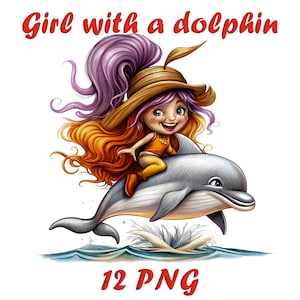 Girl with Dolphin Clip Art | Watercolor Ocean Theme | 12 PNG Files | Digital Download