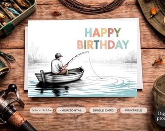 Fishing Birthday Card for Him Printable Sketch Style Fisherman Instant Download