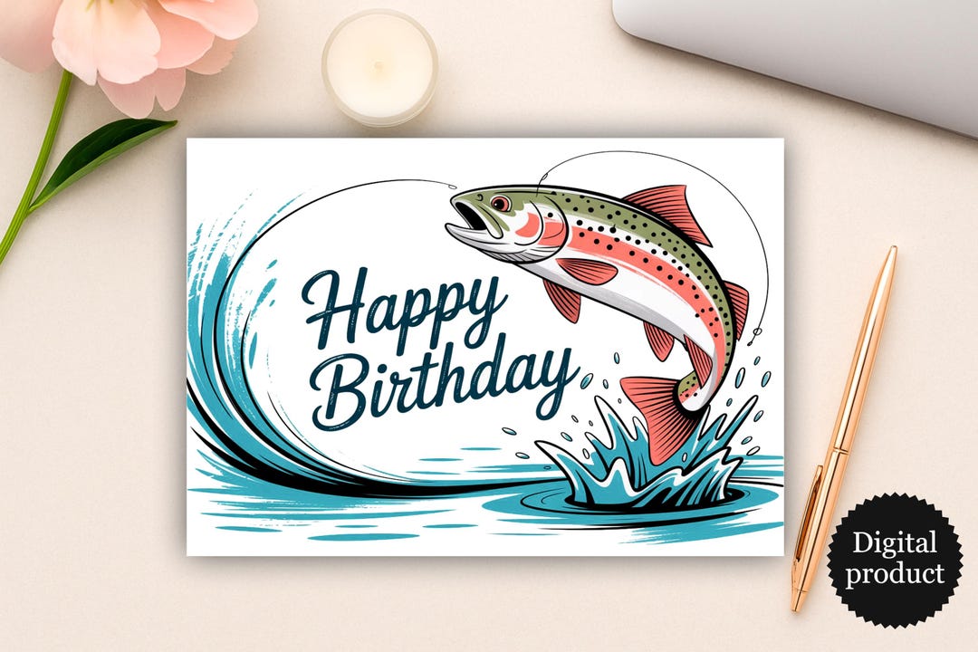 Funny Fishing Birthday Card: Rainbow Trout Design (PDF Digital Download ...