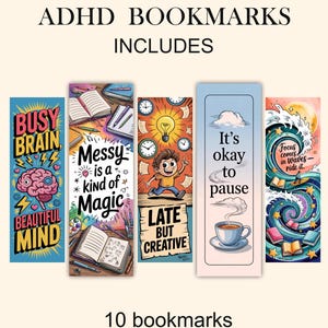 Afdrukbare Adhd-bladwijzers – 10 motiverende bladwijzers voor neurodivergente geesten – PNG PDF JPG – Instant Download – Geestelijke gezondheid cadeau