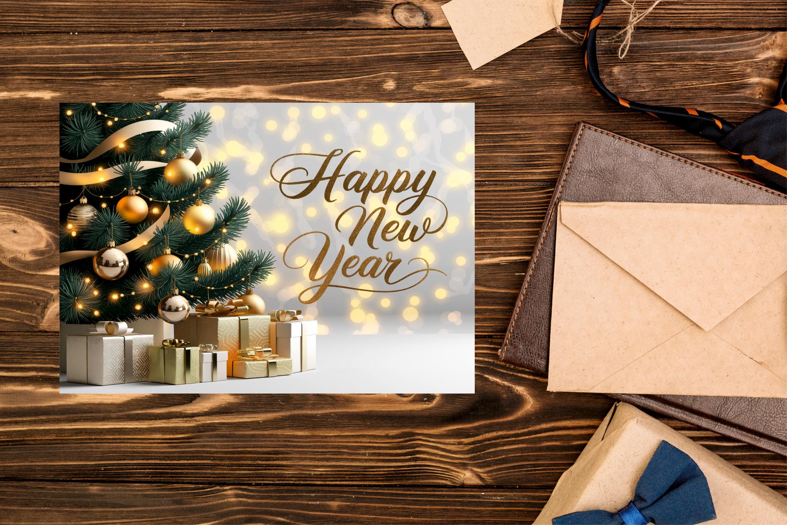 Digital Happy New Year Card - Tree With Gifts in Gold Wrapping, Festive ...