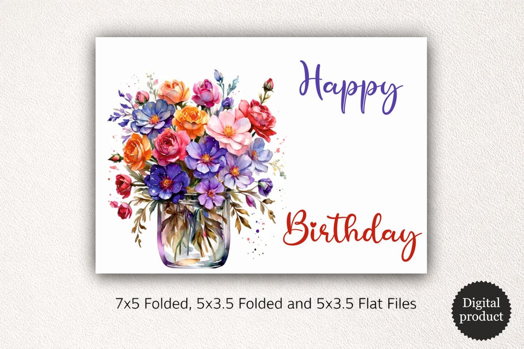 Watercolor Floral Birthday Card for Her Printable Bouquet Flowers ...