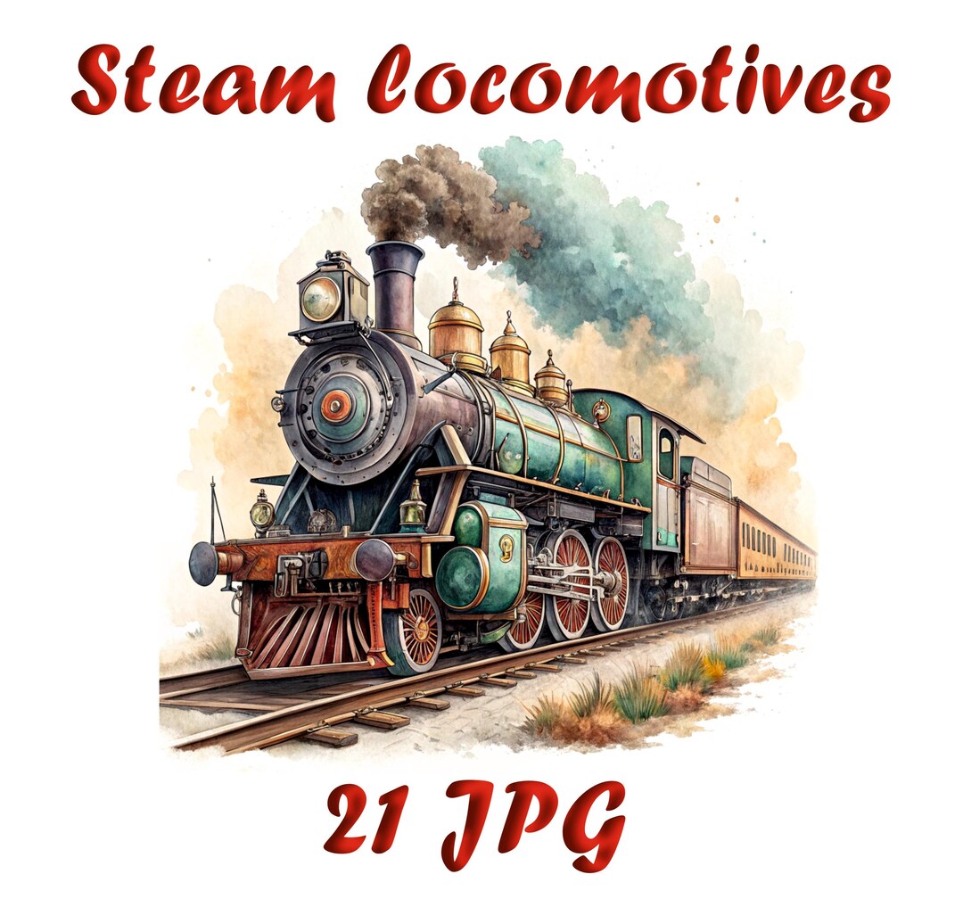 蒸気機関車の水彩画クリップアート | ビンテージ列車 21 JPG | 鉄道