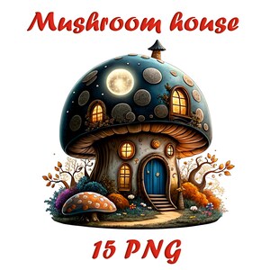Fairytale Mushroom House Watercolor Clipart - 15 PNG | Whimsical Cottage Forest Art Set